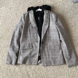 Evereve Black and Gray Plaid Blazer with Hoodie